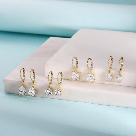 18K Gold Plated Dangle Earrings Set for Women with Cubic Zirconia, Hypoallergeni - Picture 7 of 7